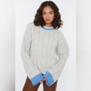 French Mauve Women’s Tonya Crop Cable Knit Sweater -Light Grey with Blue Trim 1X